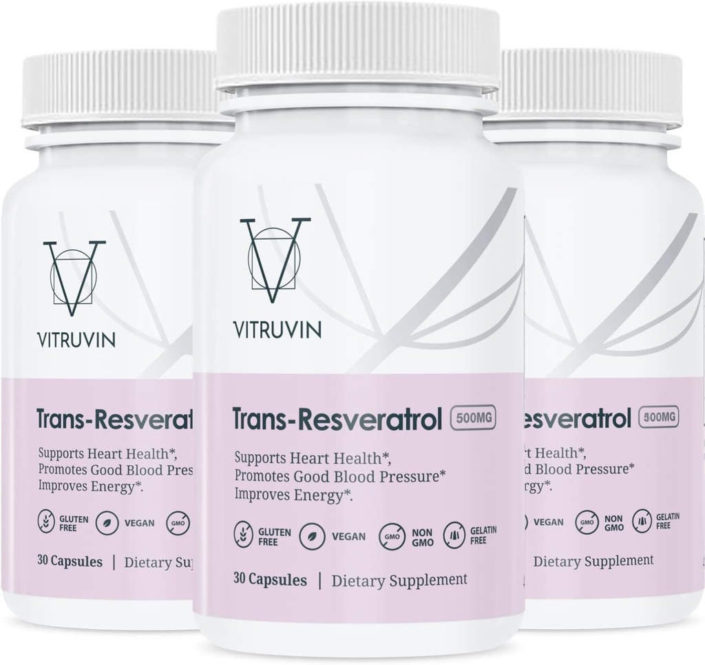 Vitruvin Trans-Resveratrol 500 mg, 3 pudeles Iepakojums, Vegan, ne- GMO, bez lipekļa, bez želatīna.