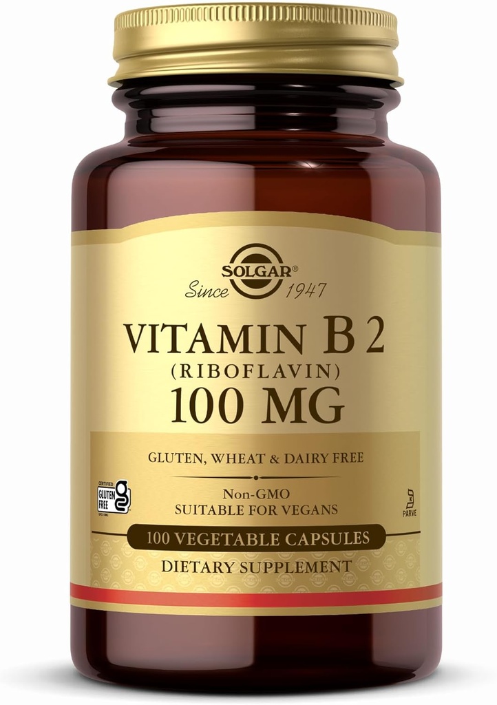 Solgar vitamīns B2 (Riboflavin) 100 mg - 100 augu kapsulas - ne- GMO, vegans, bez glutēna, bez piena, košera - 100 Kalpojumi