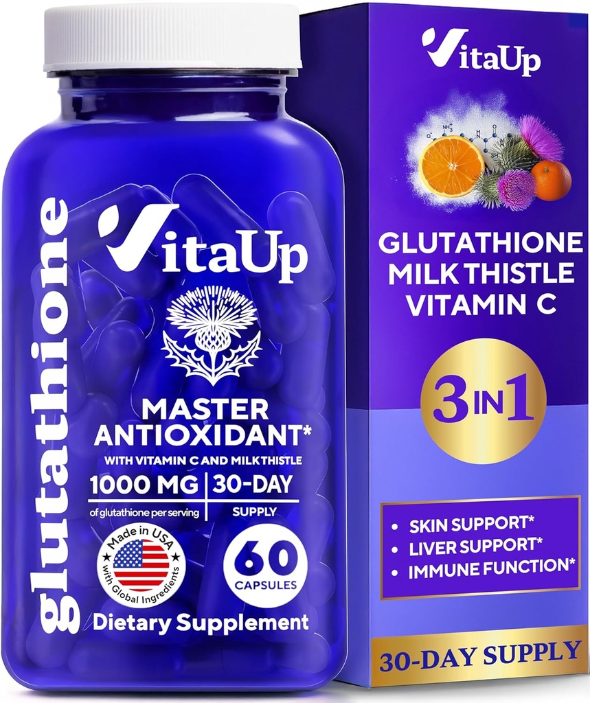 Samazināts Glutationa papildinājums 1000mg - ASV Ražots Glutationa kapsulas ar C vitamīnu un pienu Šīferis aknu aprūpei, ādas atbalstam un imūnai labsajūtai - 60 Skaits