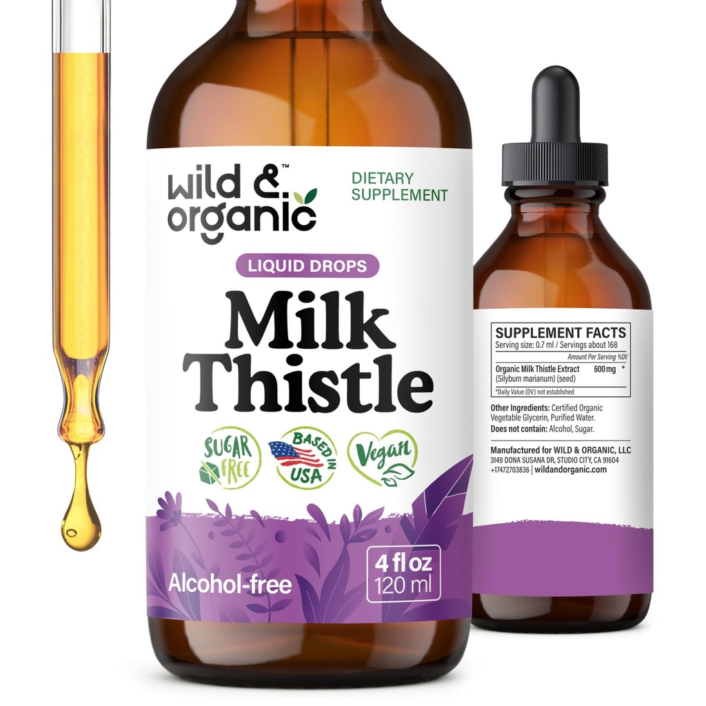 Savvaļas un organiskā piena šķidrs piliens - Aknas attīra Detox - Silymarin Piens Thistle Pielikums aknu atbalstam - Pievienot tējai - Silybum Marianum Seed Extract Tincture - Cukurs un bez alkohola - 4oz