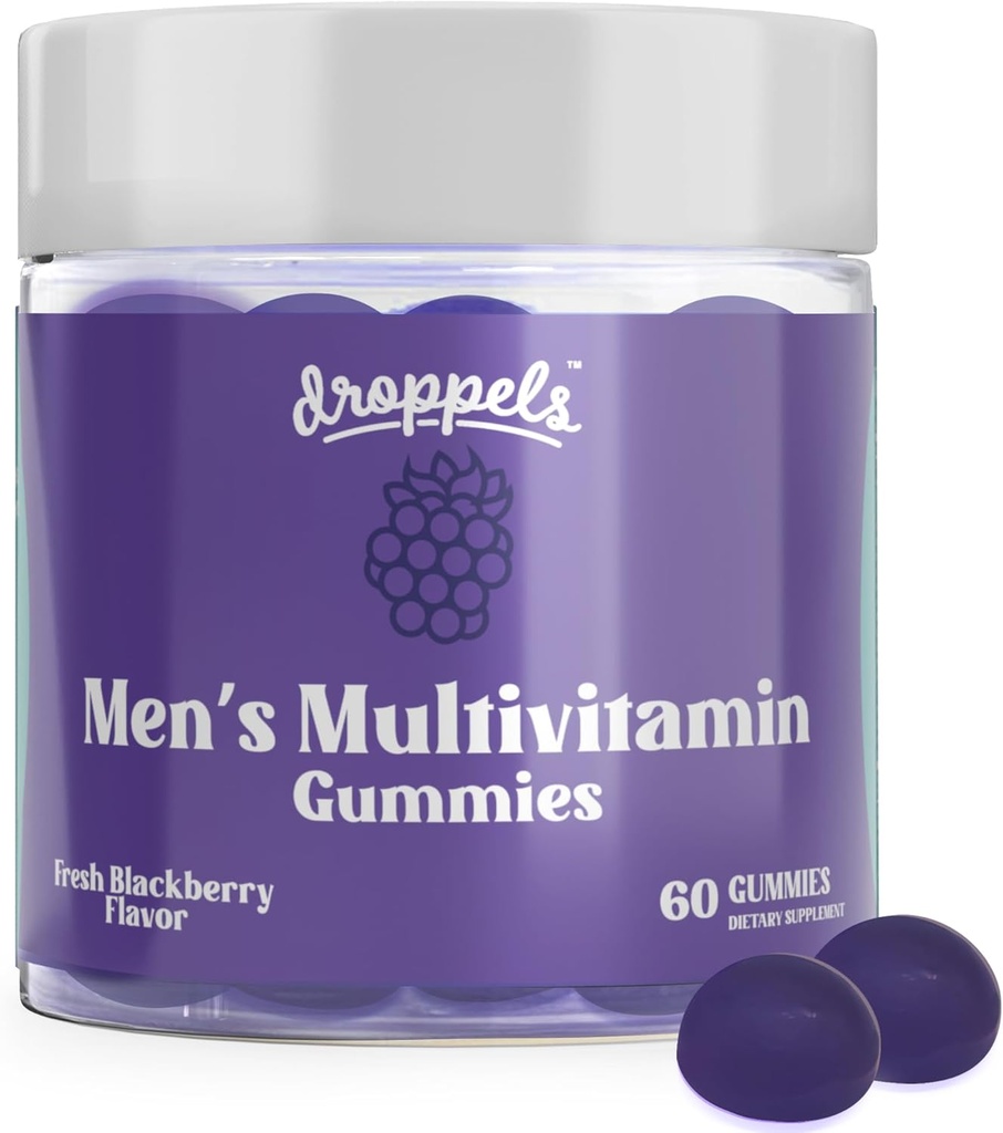 Droppels Vīriešu multivitamīnu Gumijas ar Folijskābi, Vitamīni A, D, C, E, K, B6, B12, Biotin & More - - Vegāns, Non-GMO un pectin-BlackBerry Flavor, 60 Count