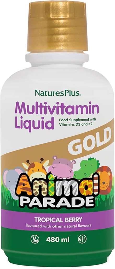 NaturesPlus Dzīvnieku parāde Zelts Bērnu šķidrs Multivitamīns, 16 fl oz - Dabīgs Tropical Berry Flavor - Imūnās atbalsta papildinājums - bez lipekļa, Vegan - 32 Kalpo