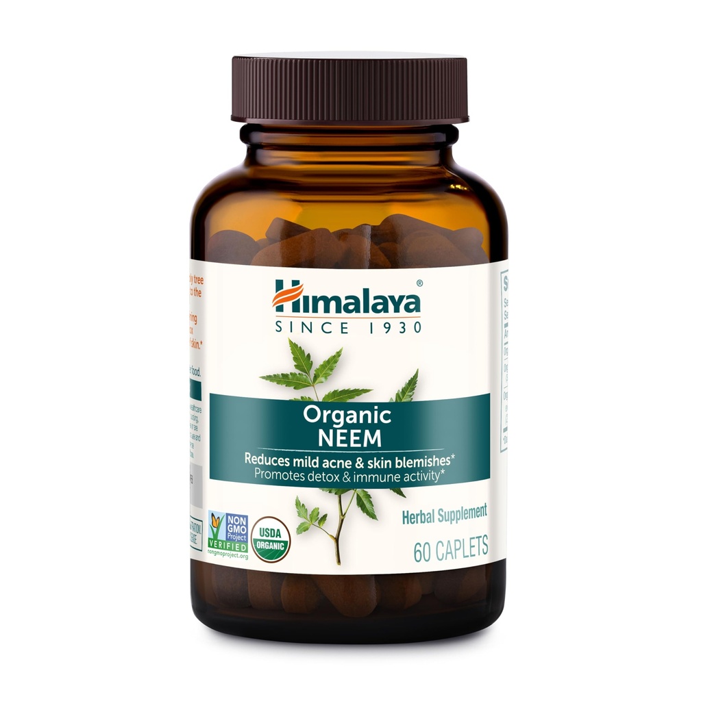 Himalaya Organic Neem, 60 dienu piegādes - augu pinnes papildinājumi, kas atbalsta skaidru ādu un detox - USDA Organic, Vegan, Non-GMO, Gluten Free, 600 mg, 60 Caplets