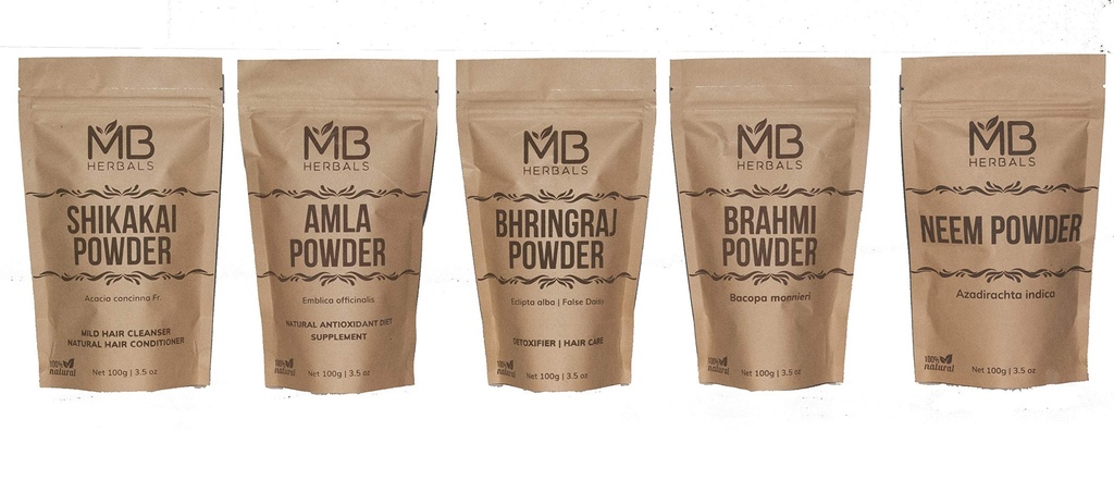 MB Matu kopšanas pūderi COMBO Pack - Shikakai - Neem - Brahmi - Amla - Bhringaraj -- pulveri -- 100 Grams Katrs --- matu iepakojumam -- ārējai lietošanai tikai