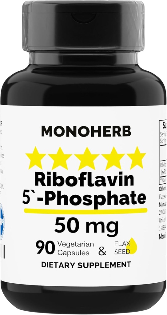 MONOHERB Riboflavīna 5'- Fosfāts 50 mg - 90 Veģetārās kapsulas - Bioaktīvais vitamīns B2 - ražots ASV