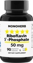 MONOHERB Riboflavīna 5'- Fosfāts 50 mg - 90 Veģetārās kapsulas - Bioaktīvais vitamīns B2 - ražots ASV