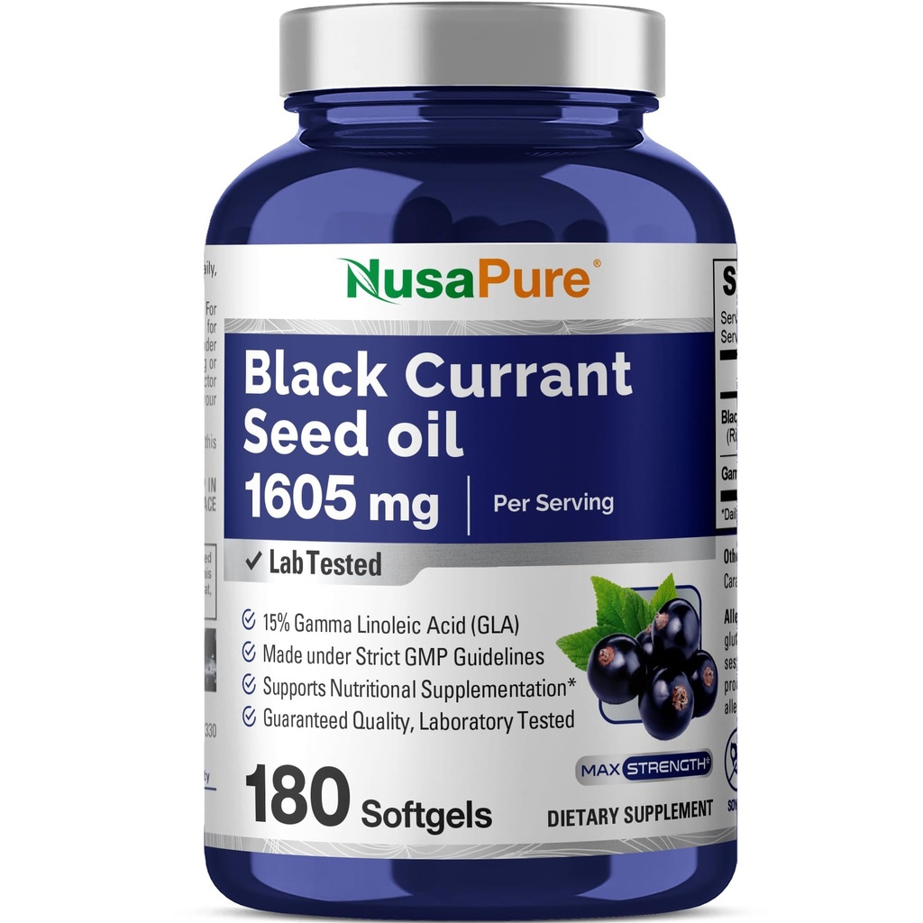 NusaPure Upeņu sēklu eļļa 1605 mg Gamma Linoleīnskābe (GLA) 15% 180 softgeli (ne-GMO, bez sojas)