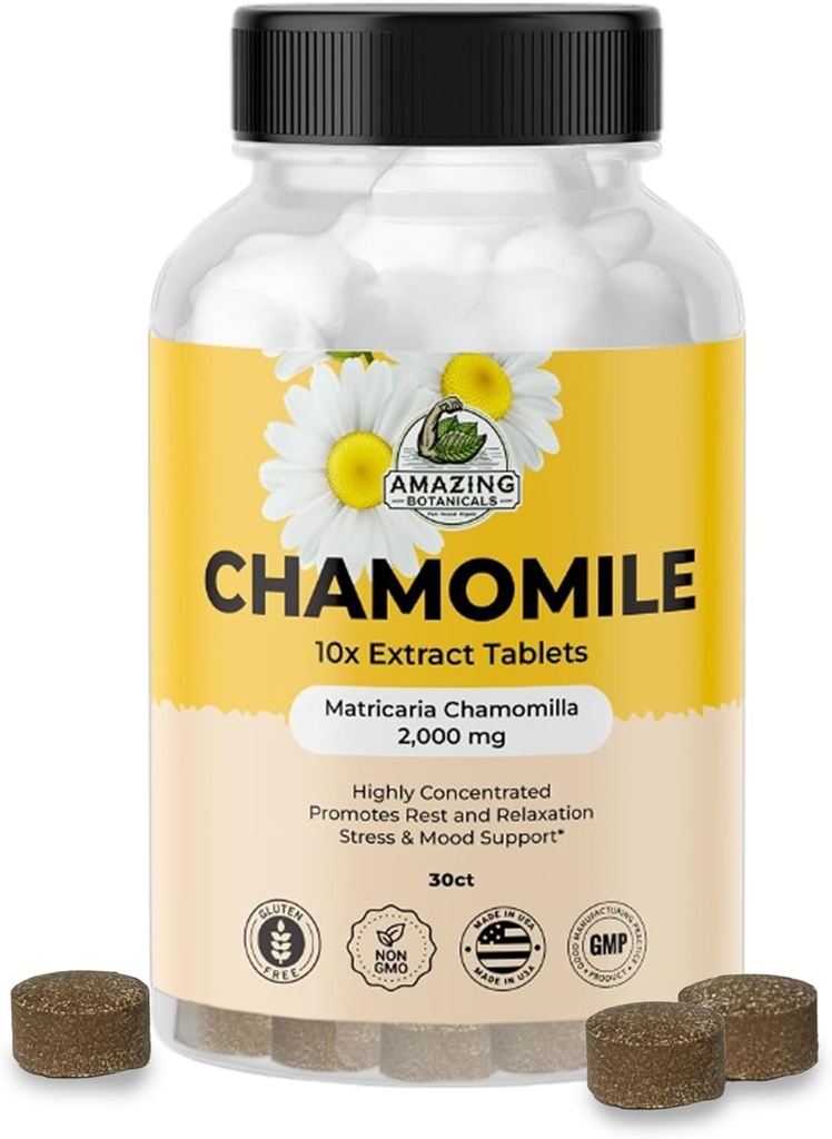 Apbrīnojami Botānikas Organiskās Kumelīšu Ekstrakta Tabletes - Matricaria Chamomilla Augu Papildinājums - 10x Ekstrakts 2000 MG Katrs - Veicina Relaksāciju - 30 Tabletes