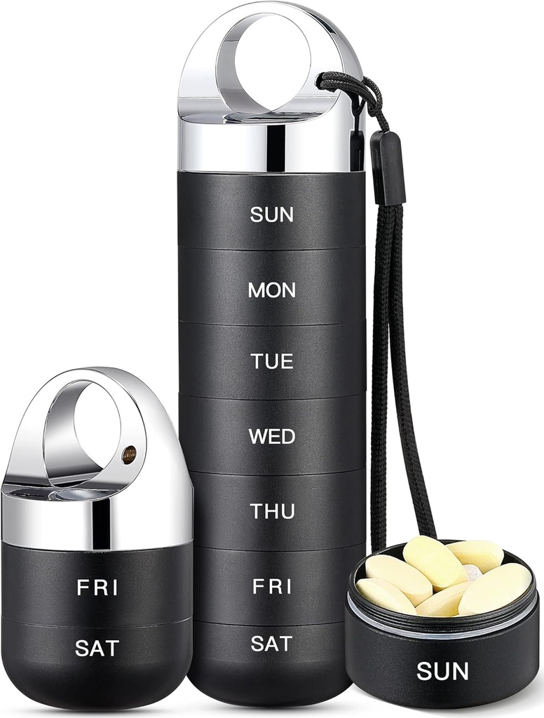 Zannaki Metal Travel Pill Organizators, Portable Waterproof Weekly Pill Box, Largh Aluminum Sakausējuma maisiņš Konteiners, BPA Free 7 Day Medicines Organizators Vitamīnu, Zivju eļļa, Papildinājums