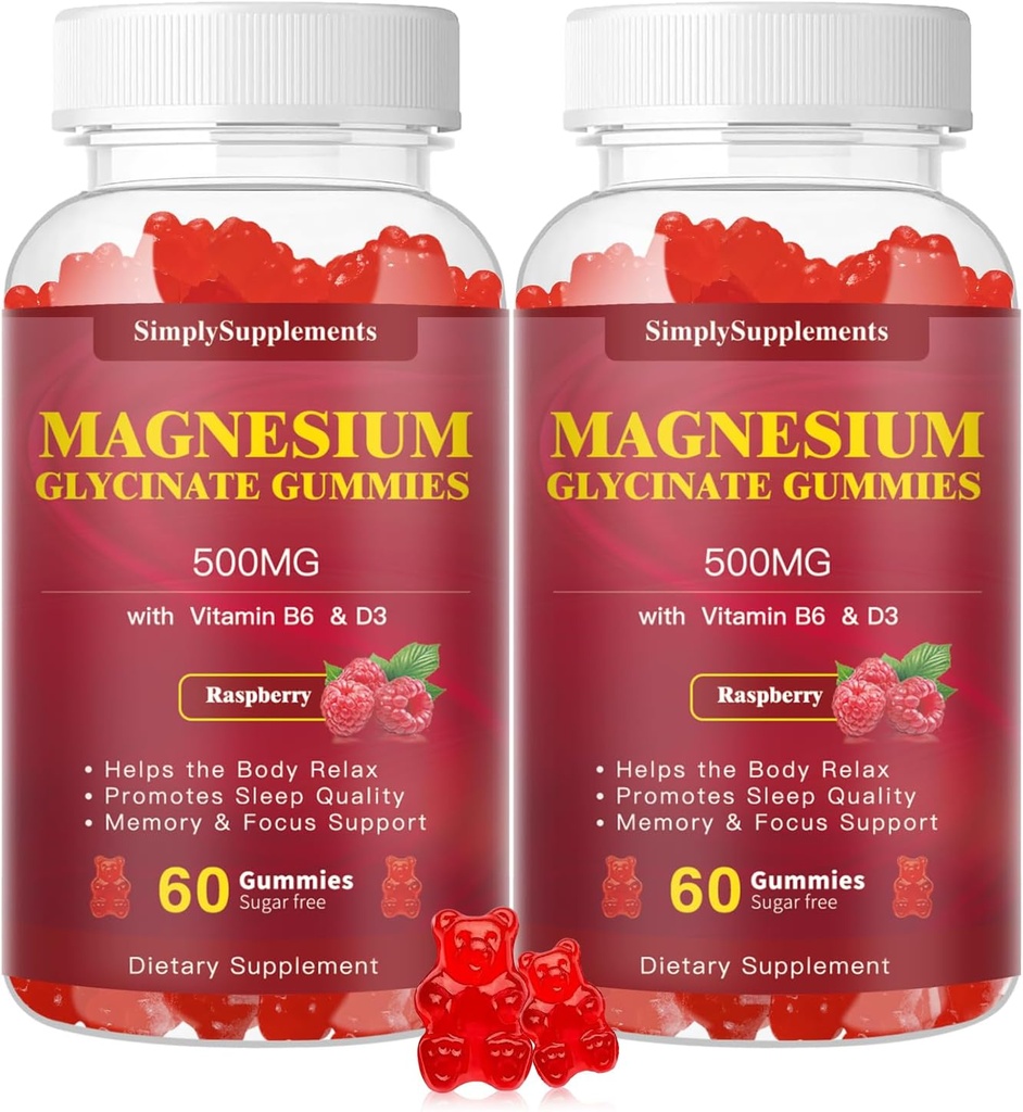 Magnija Glicināt Gumies 500mg, Košļājamā magnija Papildinājums ar vitamīnu D3, B6, CoQ10 Relaksācijas, Miega un koka atbalsts, Calm Magnija Gummy - 60 Aveņu Gumies(2 Pack