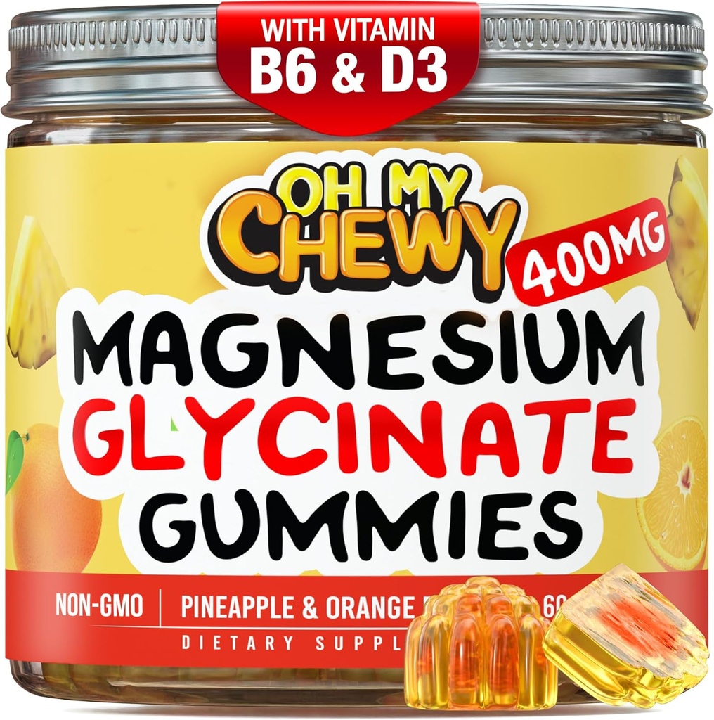Center-Filled Magnijs Glycinate Gumies 400MG - Augsta Absorbcija bērniem, pusaudžiem un pieaugušajiem - Papildinājums miegam, Calm & Muskuļu Relaksācija ar B6 & D3 - Bez lipekļa un vegan Friendly - 120 Count