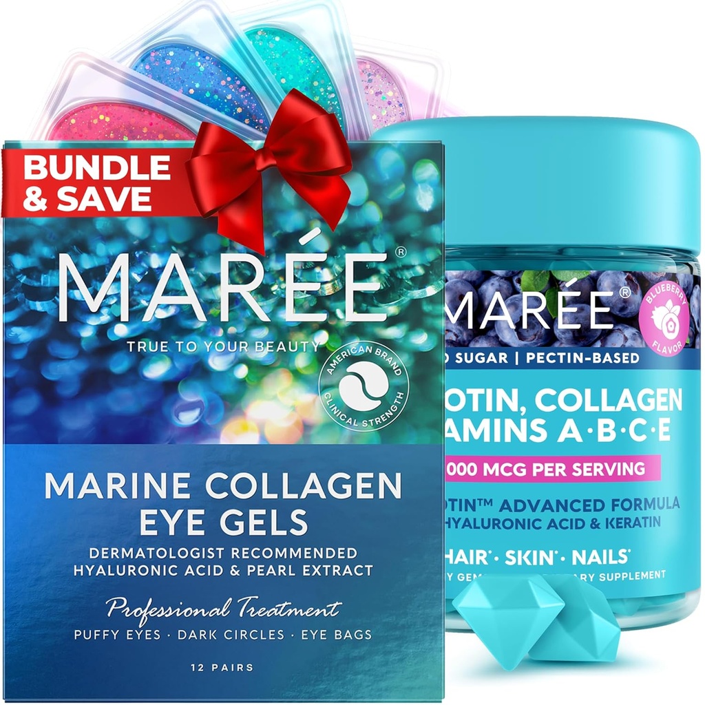 MAREE Beauty Bandle - Zem acu želejas un Biotin Gumies - Marine Collagen & Hyaluronic Acid, A B C E Vitamīnu komplekss ar keratīnu un pantotēnskābi - De-puff Eyes & Tumšie loki, āda, naglas & Mati