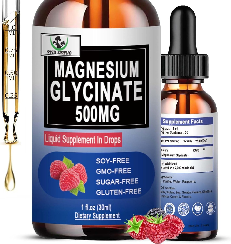 Magnija glicināts 500 mg, šķidrs magnija glicināts Pilieni 6X Augsta Absorbcija kauliem, miegam, kāju krampjiem un imūnsupport, Vegan, non-GMO, bez lipekļa - 30 Kalpojumi