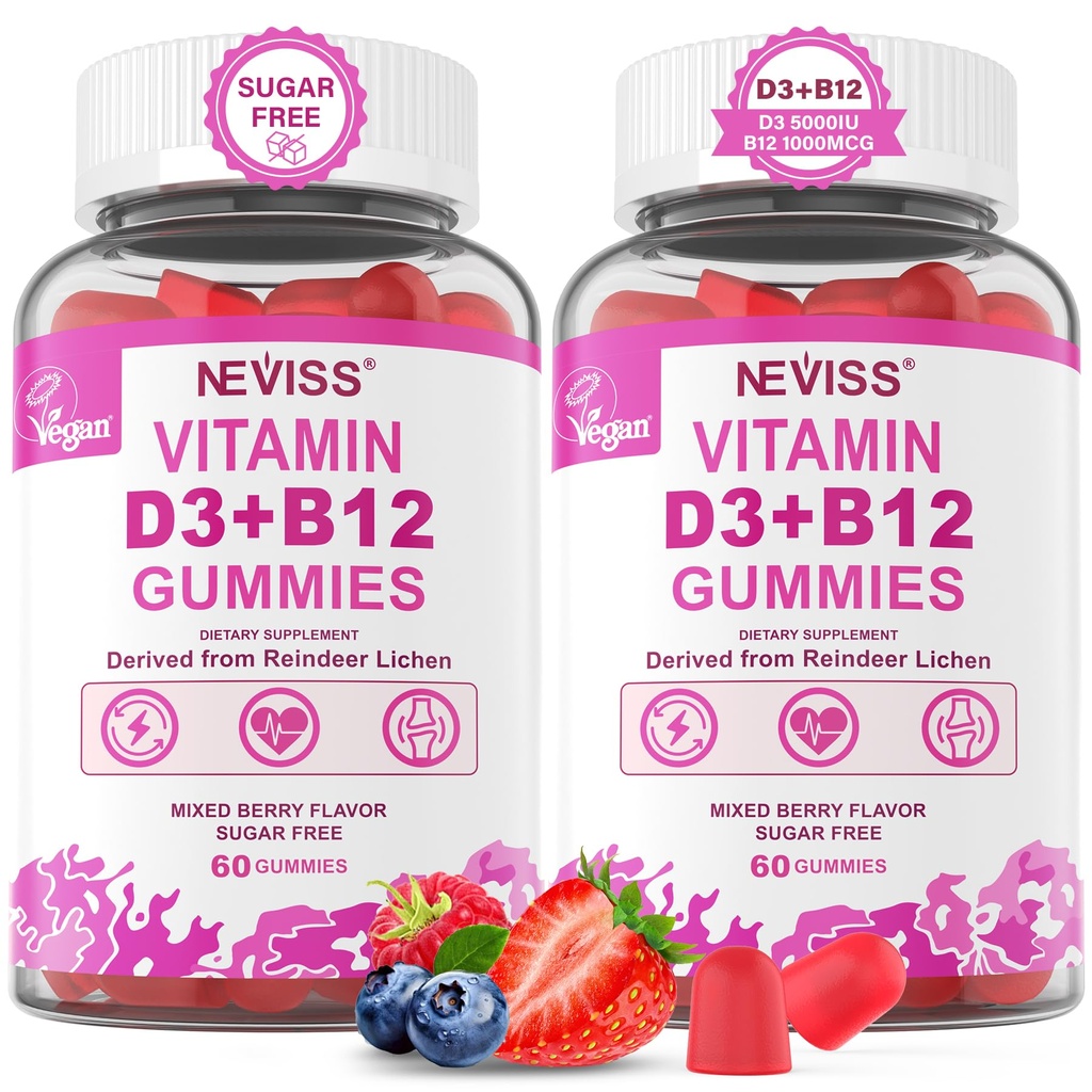 NEVISS 2Pack Vegan vitamīns D3 + vitamīns B12 Gumijas, augsts potences D3 5000IU & 1000 μg Metilēts B12, vitamīns D3 un B12 pieaugušajiem, atbalsts kaulu veselība, imūnās un enerģijas piedevas, 120 skaitlis