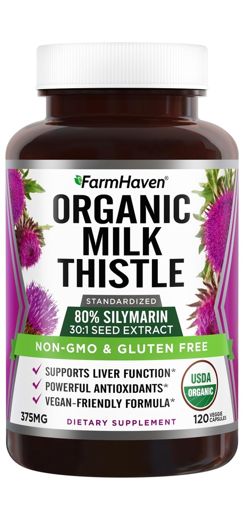 FarmHaven USDA Organiskā piena daiviņas kapsulas 30X Koncentrēts sēklu ekstrakts & 80% Silymarin Standartizēts - atbalsta aknu funkcijas un vispārējo veselību                    ) 120 Vegan kapsulas