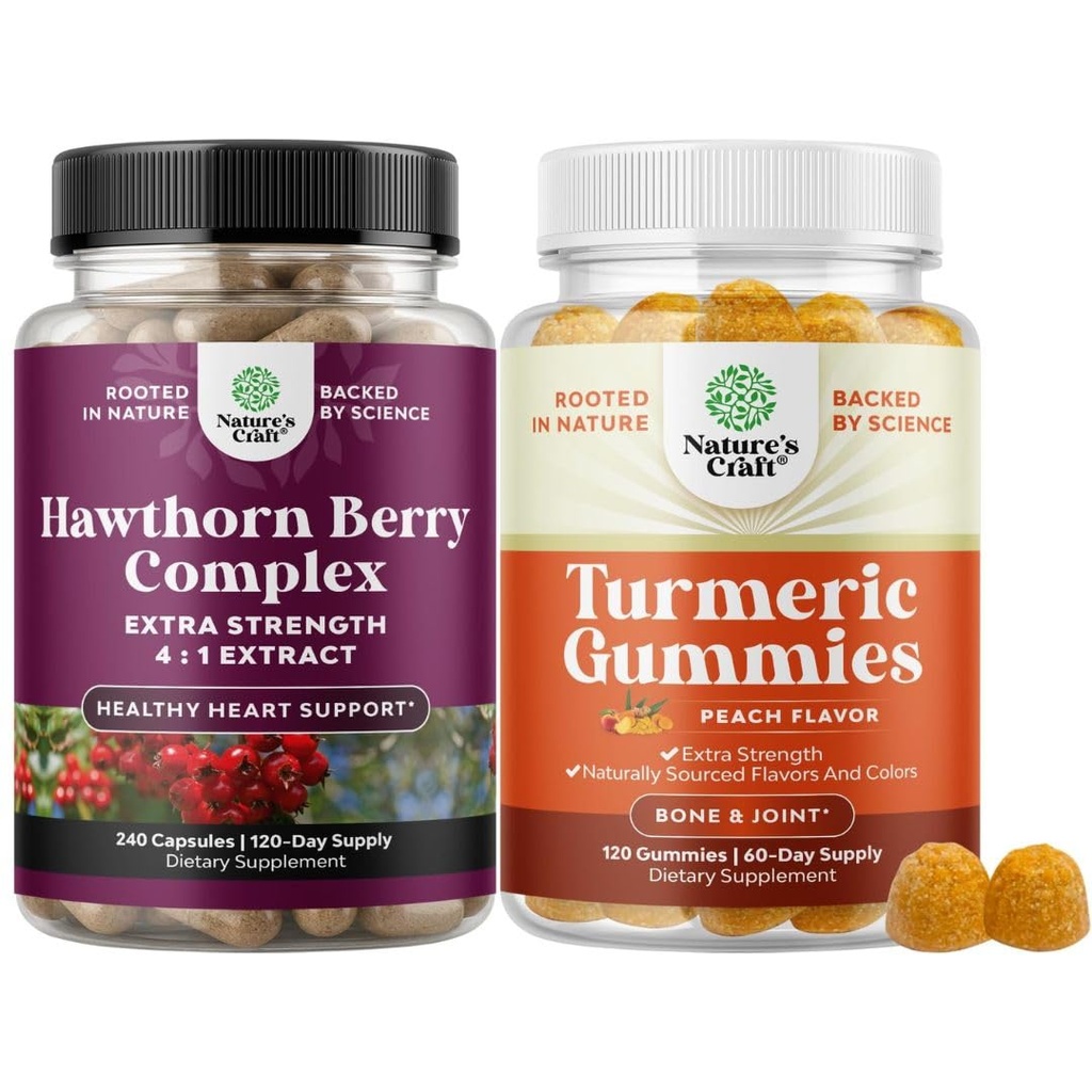 Papildus stipruma bars Hawthorn Berry Capsules - ekstrakts Gremošanas un sirds veselības papildinājums un Turmeric Gummies pieaugušajiem Persiku Flavor - Extra stipruma locītavu atbalsts Gumies