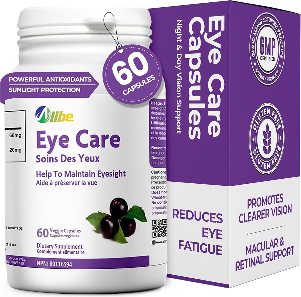 Eye Care kapsulas, iepakojums ar 60 Lutein 20mg un Maqui Berry 60mg Servings, acu veselības bagātinātāji pieaugušajiem