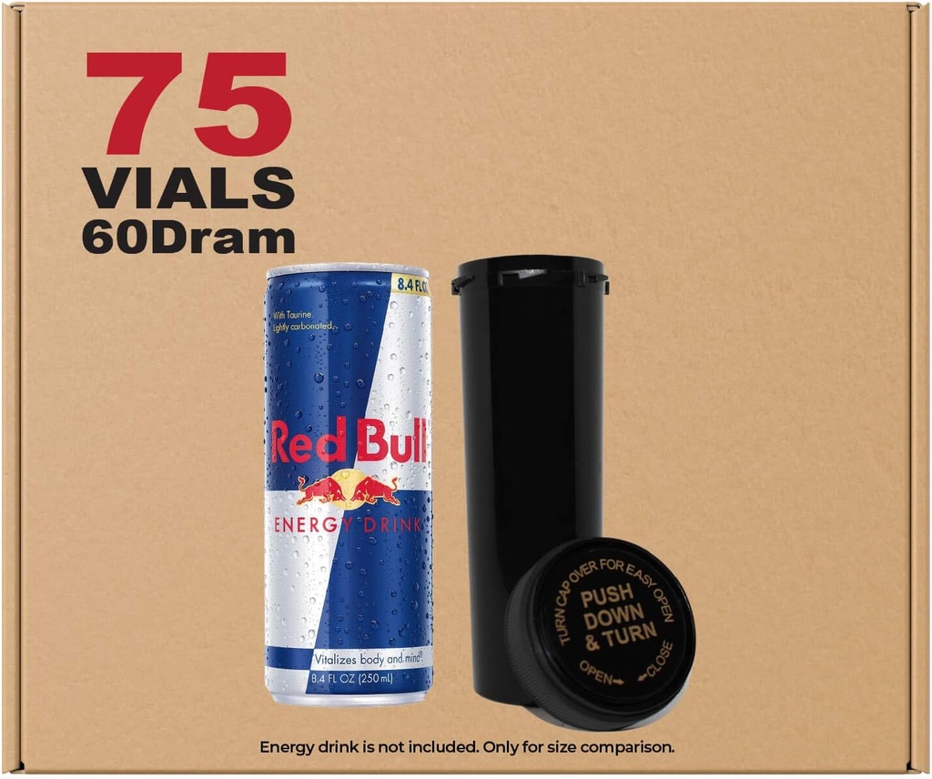 W Galerija 75 Black 60 Dram Reversible Cap - Gaisa necaurlaidīgs Smell Proof Flakoni - Plastic Medical Grade Receptes Pudeles tablešu Herbs Ziedu papildinājumiem, Bulk Pack, nav stikla Jars