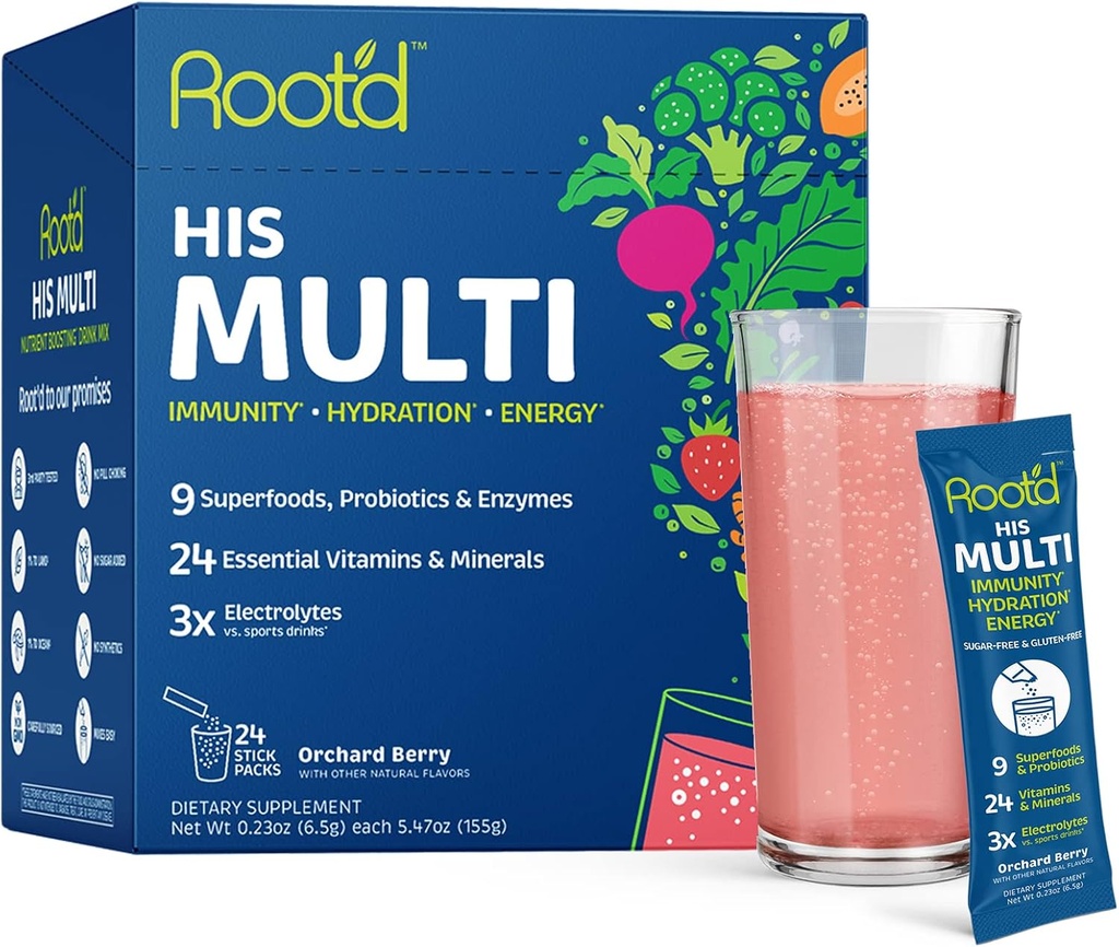 Root'd Multivitamīnu pulveris ar 3X Elektrolīti vīriešiem - 24 Vitamīni un minerālvielas, 3X Elektrolīti, 9 Organiskie superpārtikas, probiotikas un enzīmi, bezcukura multivitamīni un hidratācija