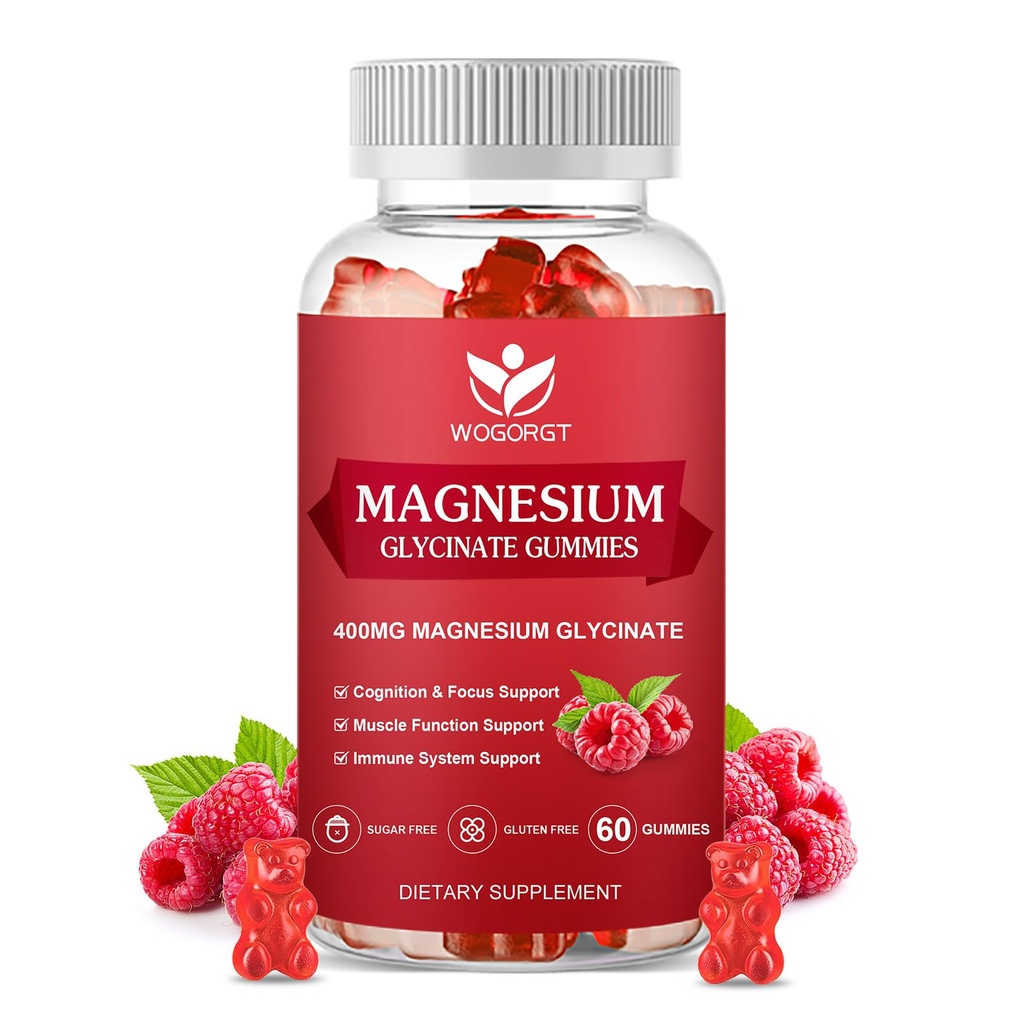 400mg magnija Glycinate Gumijas ar 200mg magnija malātu, vitamīns D, B6 un CoQ10, magnija Glycinate papildinājums relaksācijas un izgulsnēšanās, bez cukura, aveņu Flavor - 60 Gumijas