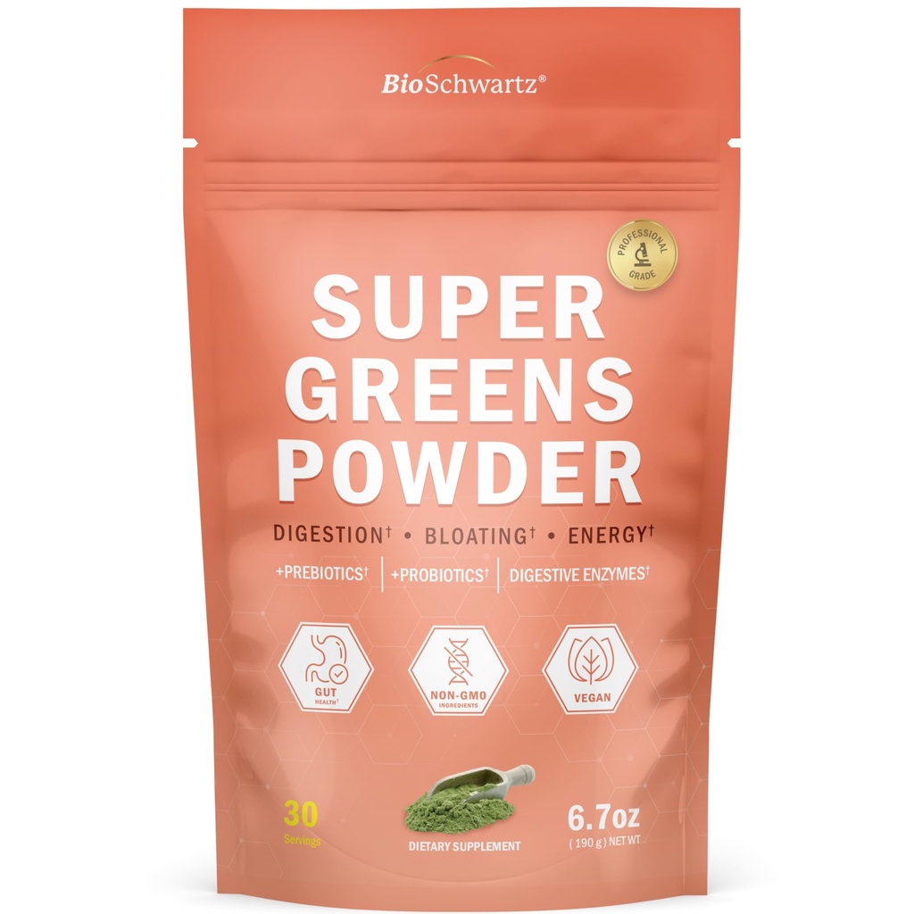BioSchwartz Zaļie pūderis Super Greens ar probiotikām, prebiotikām, gremošanas enzīmiem & 43 Green Superfoods - hlorofils, mellenes, hlorella, Spirulīna - Tastes Amazing - 30 Kalpo