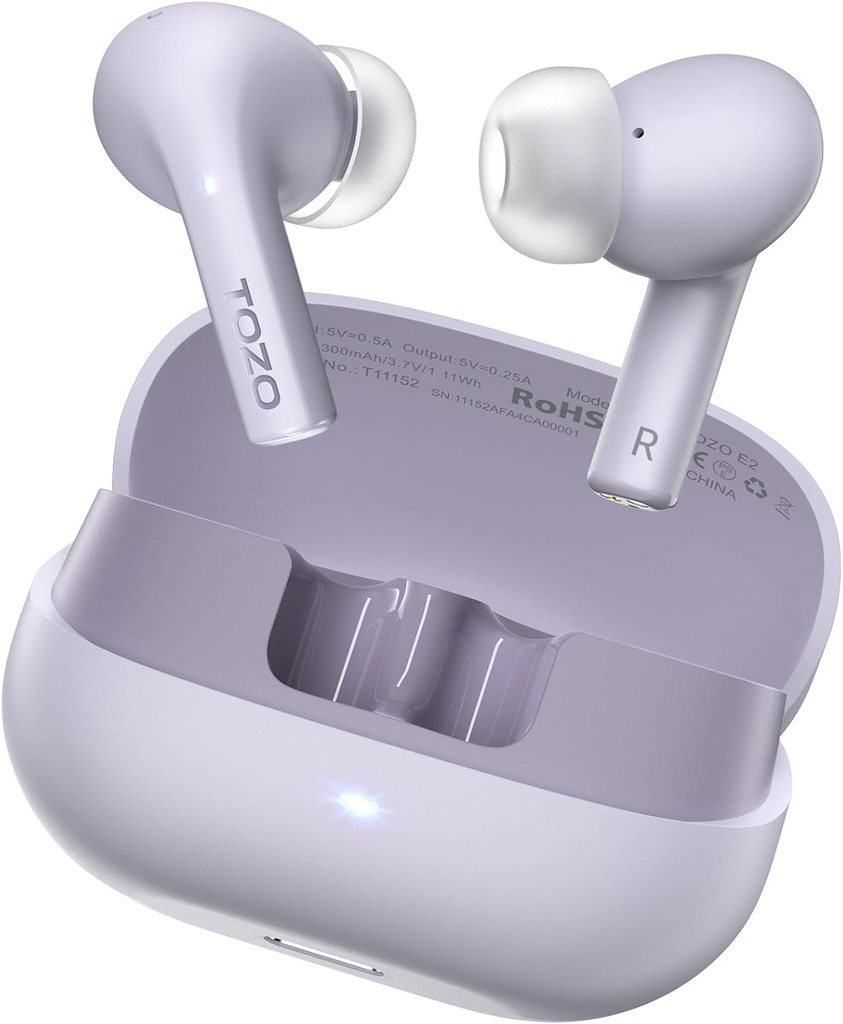 TOZO E2 Bezvadu earbuds ar 2 Mics AI zvanu trokšņa atcelšana, 10mm Drivers ar Powerful Bass, App Pielāgo 32 EQs, 30H Playtime, Bluetooth 5.3 Ausu Buds, Comfort Fit in-Ear austiņām