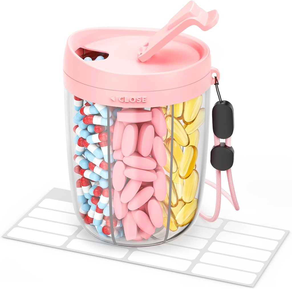 Liels Pill Dispenser ar 6 iecirkņiem, Anti-Mix Pill pudeles organizētājs ar plašu atvēršanu un vieglu saņemšanu, Vitamīnu organizators ceļošanai, BPA-free Pill kaste ar siksniņu, rozā