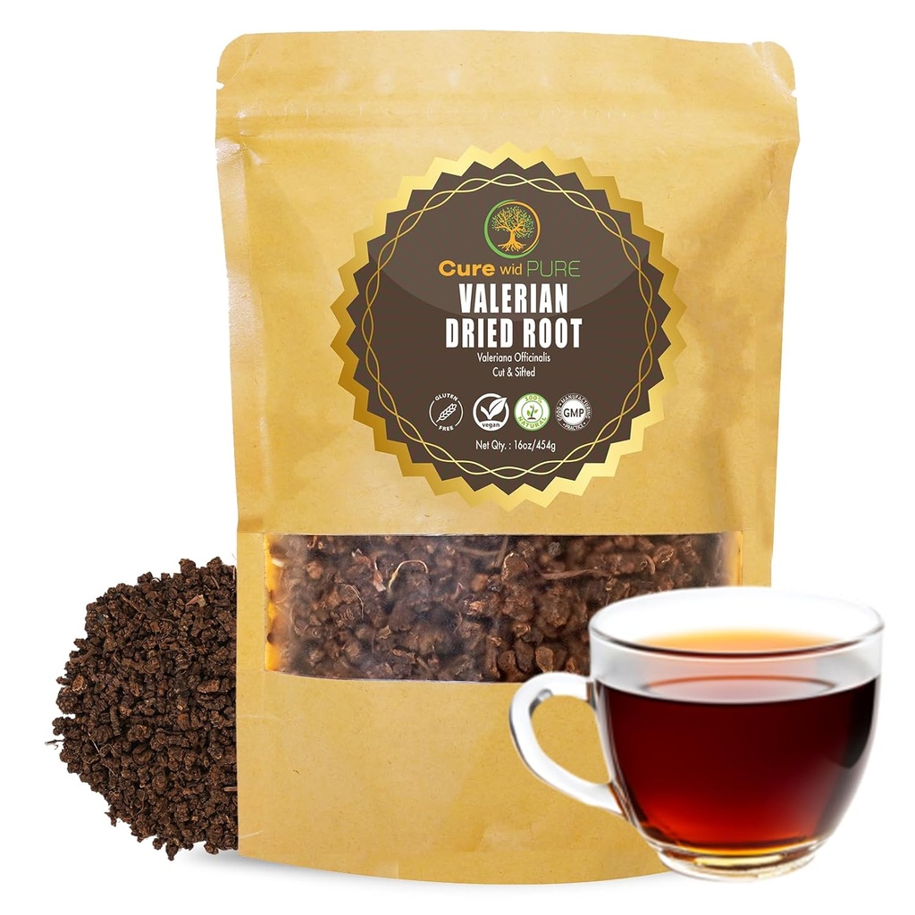 Cure wid Pure Organic Valerian Saknes tēja - Cut,Sifted & Non-Ireded Valerian Tea veicina dabas relaksējoša miega - Te De Valeriana officinalis in Reselable Eco Friendly Pouch 16oz