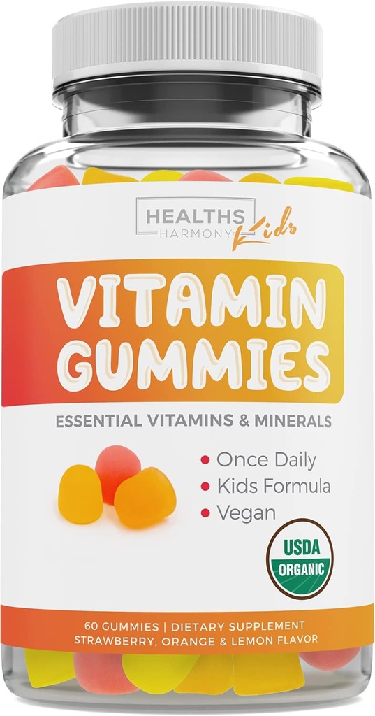 USDA Organic Kids Vitamīni Gumijas (Non-GMO) Yummy Natural Fruit Flavors - Complete Kids Multivitamīnu Gummies: vitamīns C, D, B, A, Cinka - papildinājums enerģijai, Mood, Imūnsupport - 60 Gummy vitamīnu