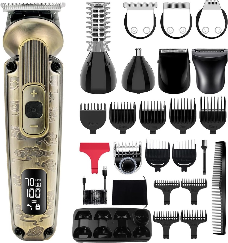 Hatteker Beard Trimmer Mustache Trimmer vīriešiem 8 in 1 Regulējams ātrums Ūdensnecaurlaidīgs Hair Clipper T-Blade Electric Razor Shavers Bezvadu Vīrieši Dāvanu Kopšanas komplekts ar sejas deguna ķermeni (Bronze)