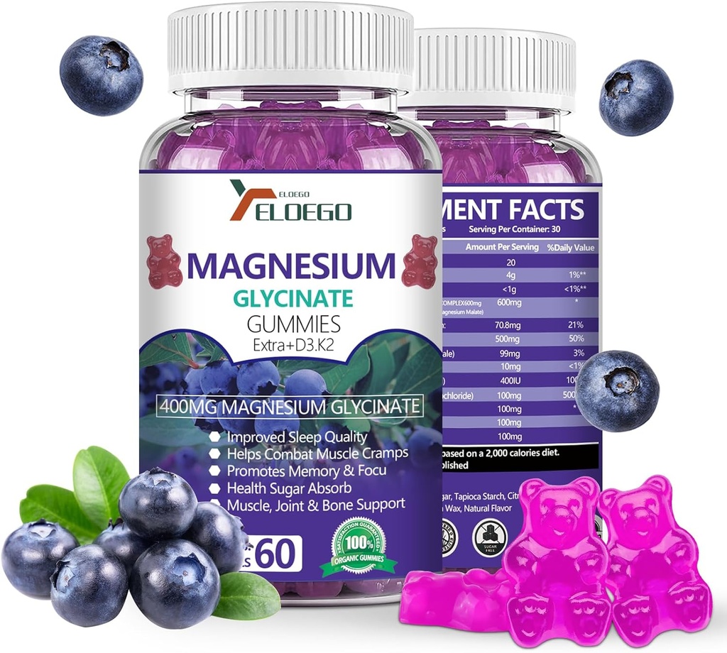 Magnija gumijas 600mg uz vienu Kalpošanas-Magnija Glicināt 400mg un Magnija Malāts 200mg, Extra K2 & D3, Augsta Absorbcija Magnija Papildinājums miegam, Stress Relief, Nerve Support, Vairogenes (60 CT)