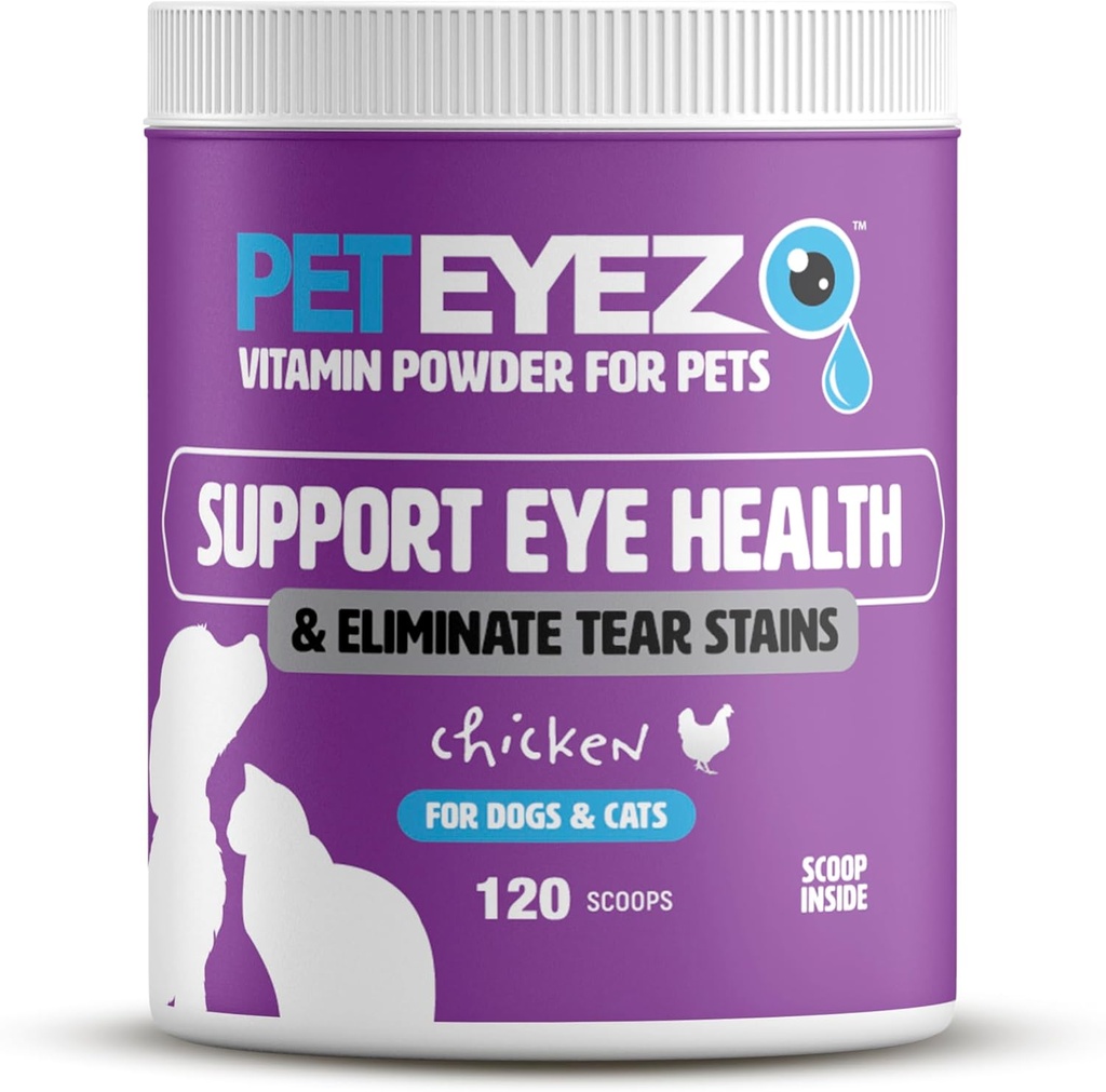 Pet Eyz Vitamīnu pulveris mājdzīvniekiem - atbalsta acu veselību un samazina Tear Stain Buildup - 100% Natural Food Topper suņiem un kaķiem ar Superfoods, Antioksidanti un uzturvielas - Vistas Flavor - 120 Scoops
