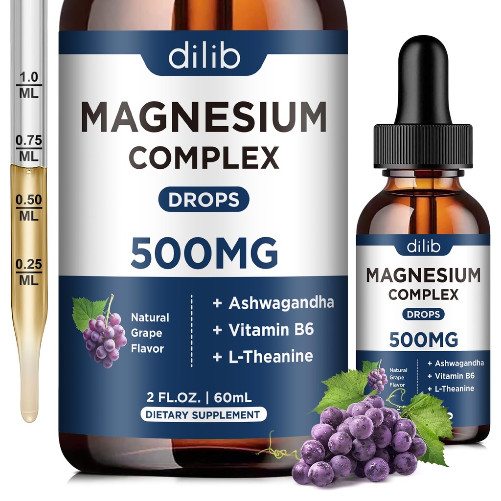 Magnijs Glicerīns Šķidrie pilieni, Magnija Glicerīns Papildinājums 500mg ar citrātu, Malātu, Ashwagandha, L-Teanīns, vitamīns B6 miegam, Stresa atvieglošana, Kaulu, Muskuļi, Mood, Vīnogu Flavor 2 Fl Oz