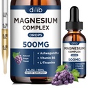 Magnijs Glicerīns Šķidrie pilieni, Magnija Glicerīns Papildinājums 500mg ar citrātu, Malātu, Ashwagandha, L-Teanīns, vitamīns B6 miegam, Stresa atvieglošana, Kaulu, Muskuļi, Mood, Vīnogu Flavor 2 Fl Oz