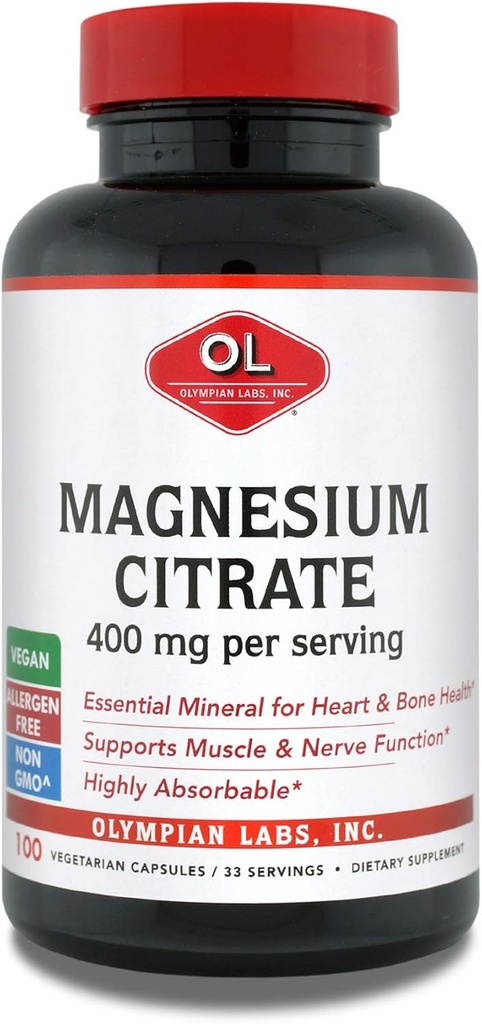 Olympan Labs Magnija citrāts, 400mg 33 Kalpojumi, Atbalsts veselīga nervu sistēma, Muskuļi un kauli, 100 kapsulas