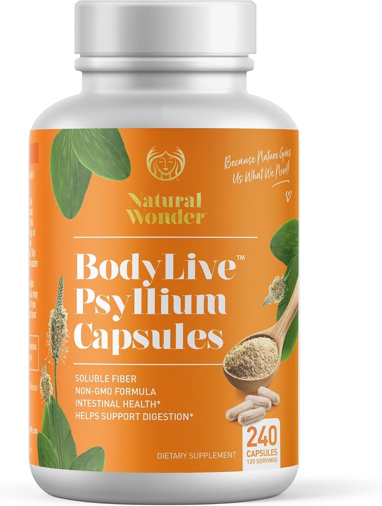BodyLive Psyllium Husk Fiber kapsulas Non-GMO 725mg, 240 Kapsulas (1450mg/serving, 120 Servings) papildinājums resnās zarnas tīrīšanai, regularitātei, veselīgai Gremošana, prebiotika, Laxative, sirds veselība