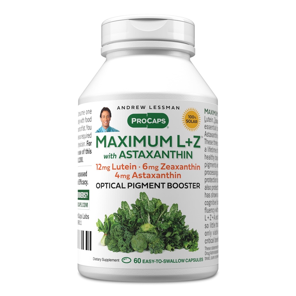 ANDREW LESSMAN Maksimums L+Z ar astaksantīnu 60 Softgels - 12 mg luteīna, 6 mg Zeaksantīna, 4 mg astaksantīna. Galvenie uzturvielas, lai atbalstītu acu un smadzeņu veselību, un veicināt veselīgu redzējumu.