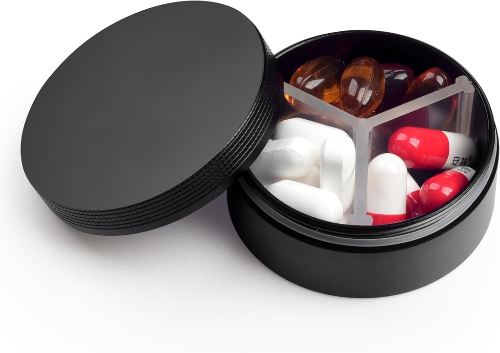 Small Pill Case 3 nodalījumi, metāla apaļas Portable Pill kaste, ūdensizturīgs ceļojumu Pill organizētājs, kabatu Purse Medicine Vitamīna turētājs EDC Konteiners (Melns)