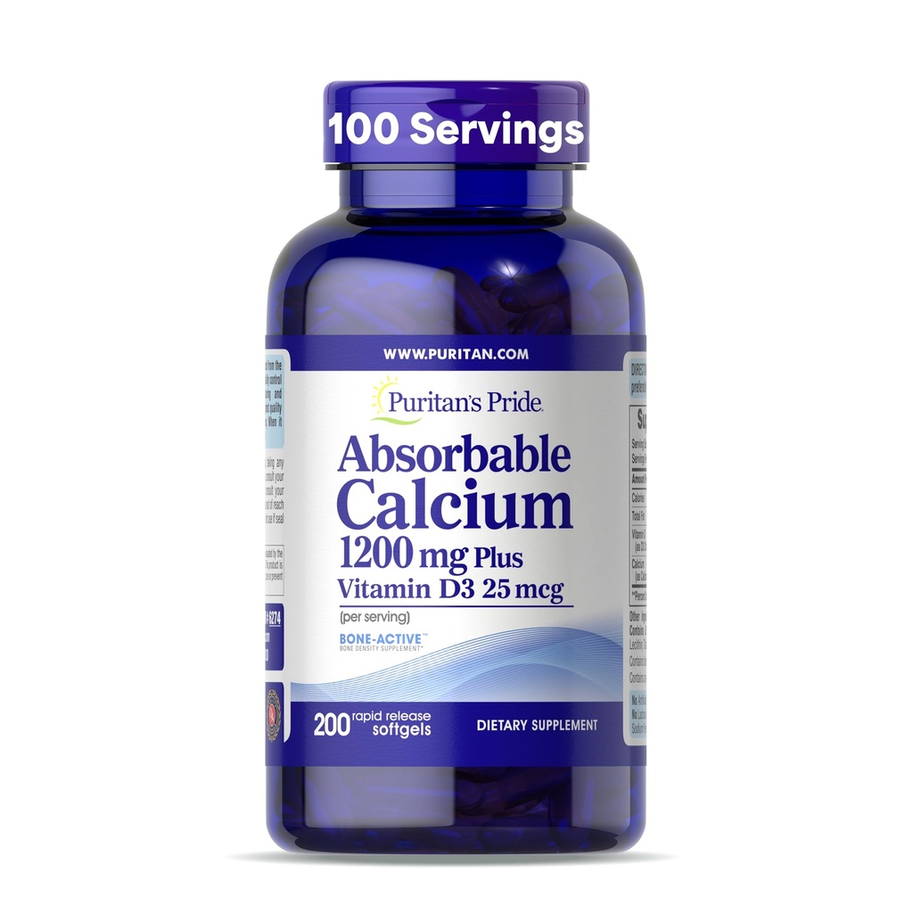 Puritan's Pride Absorbējams kalcijs 1200 mg Plus vitamīns D3 25mkg 1000 SV ar kaulu aktivitātiTM, 200 ātras iedarbības softgeli