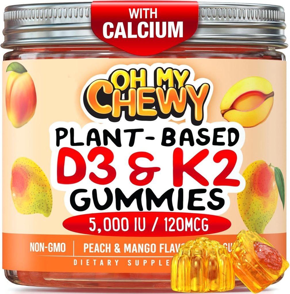 Center-Filled vitamīns D3 K2 Gumijas - Bērni, pusaudži un pieaugušie - Papildinājums veselīgiem zobiem, kauliem, enerģijai un imunitātei - 5000 SV D3, 120 μg K2(MK-7), 120 mg Kalcijs - vegans un ne-GMO - 120 skaits
