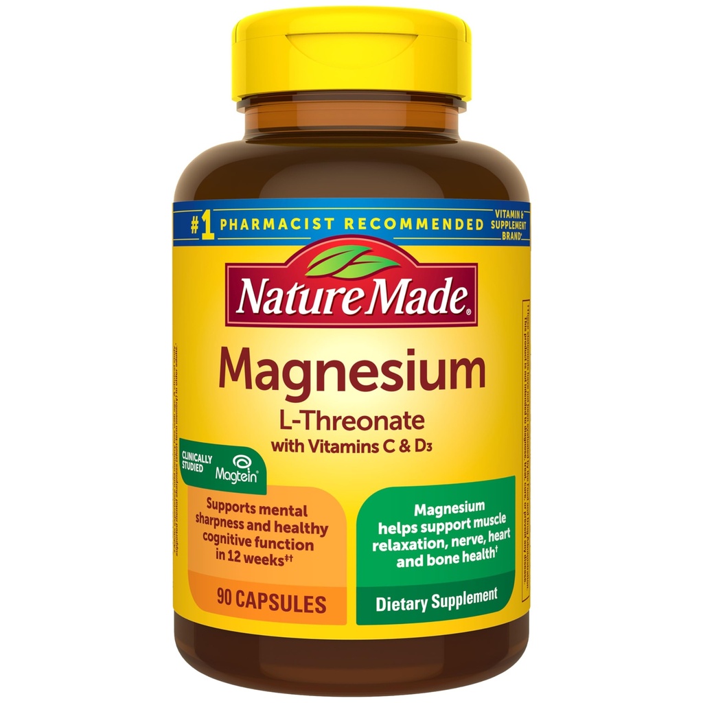 Dabā ražots magnija L-treonāts ar C vitamīnu un D3 vitamīnu nodrošina 130 mg mag no 1800 mg magnija L-treonāta, kognitīvā atbalsta magnija papildinājumu, 90 kapsulas, 30 dienu piegādes