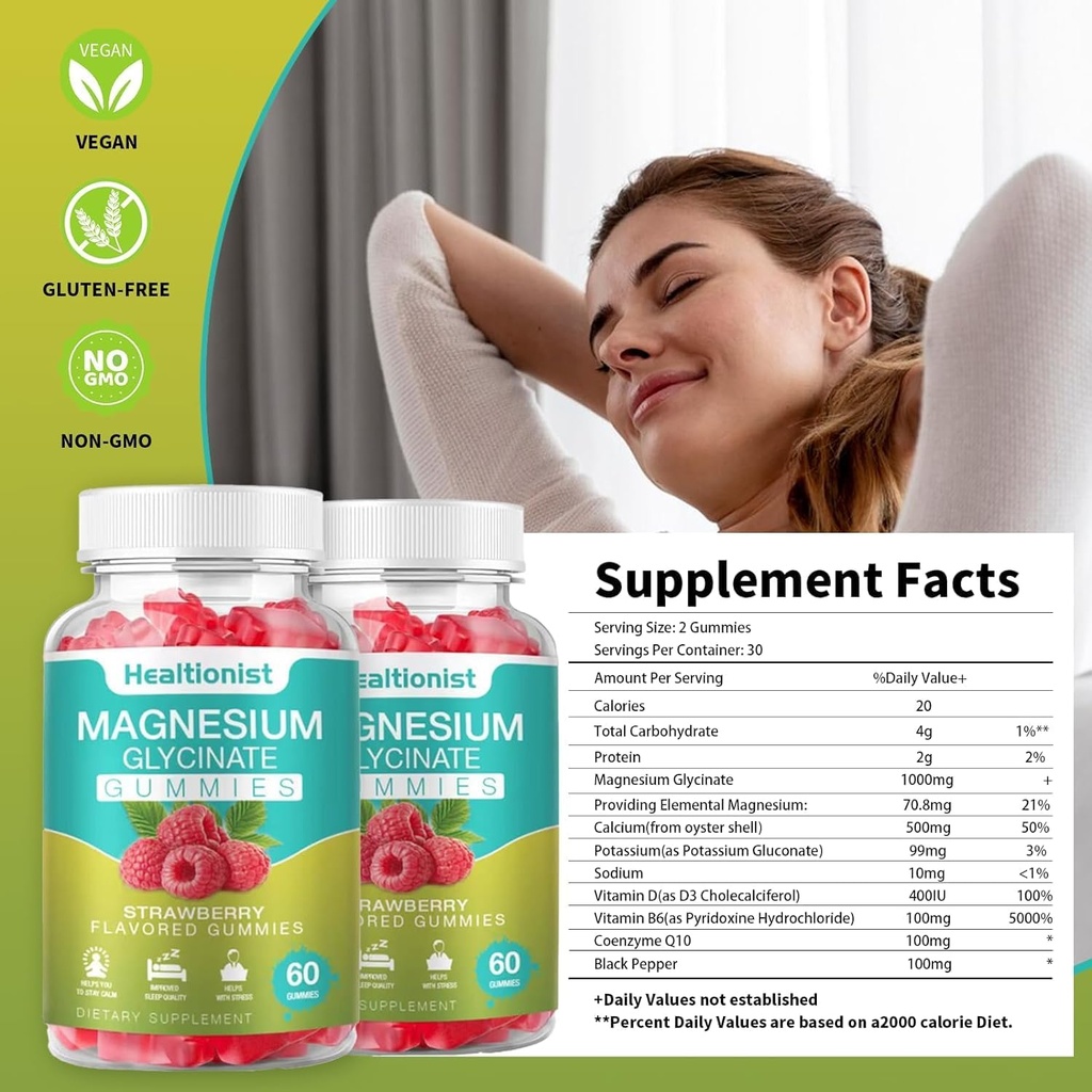 1 Iepakojums Magnija Glycinate Gummies pieaugušajiem un bērniem, Labākais magnija papildinājums Gummy miegam, Stress & Muskuļu Relief & Nerve Health, 60 Skaita Calm Gummies