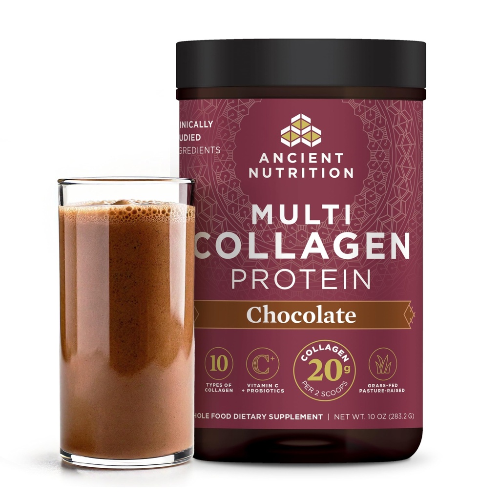 Ancient Nutrition kolagēna Peptīdi Pulveris, Multi-kolagēna proteīns, Sievietes un vīrieši, C vitamīns, Probiotikas, Hidrolizēts kolagēns, Atbalsta āda, Locītavas, Gut Health, Šokolāde, 24 Kalpo