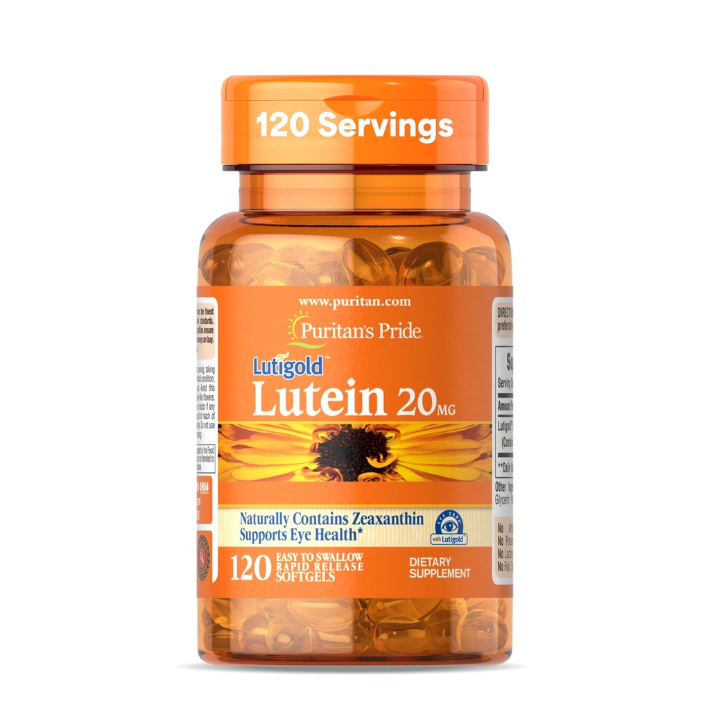 Puritan's Pride Premium LutigoldTM Lutein Carotenoid 20mg ar Zeaxanthin vīriešiem un sievietēm, Diētiskais papildinājums acu veselības atbalstam, 8 mēnešu piedāvājums, 120 Easy-to-Swalov Softgels