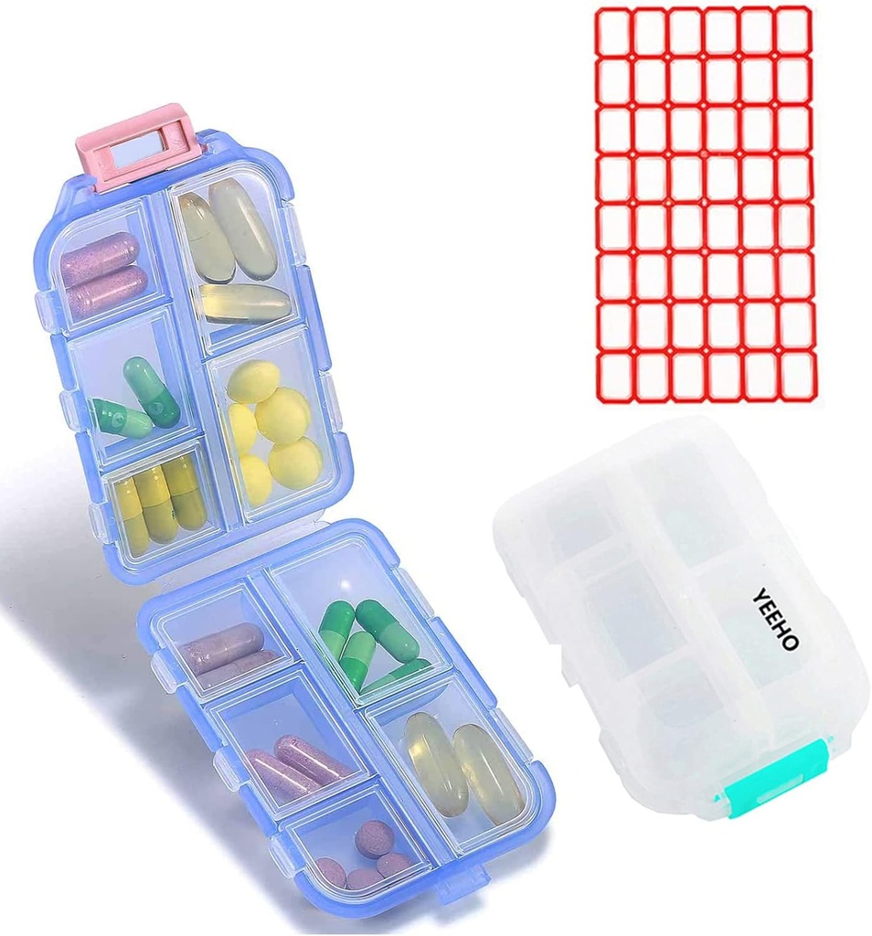 Tabletes kaste (2 Pack) - Pārnēsājami mazie papildinājumi Tabletes Konteiners Kaste ar 10 Iedalījumi - Medicīna Vitamīnu Organizators Dispenser turētājs Uzglabāšana Ceļojuma kabatiņa Purse(Blue+White)