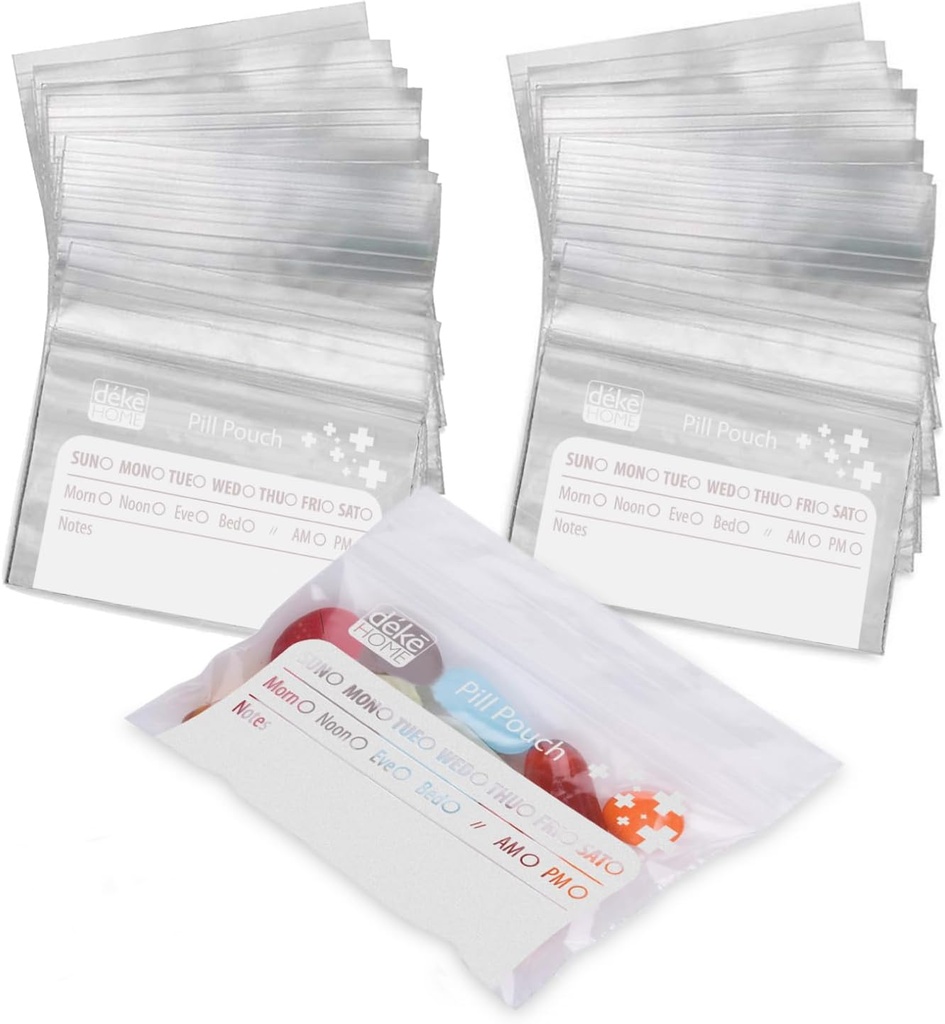 Deke Home - 250 Pack Clear Reselable Pill Bags (4x2.75 in), Travel Medicine Maciņas ar Write-On Etiķete, BPA-free Vienreizlietojams Pill Organizators Medikamenti, Vitamīni & Papildinājumi