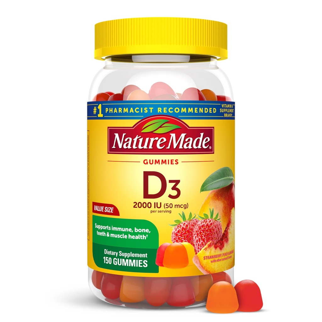 Dabā ražots vitamīns D3 2000 SV uz vienu Kalpošanas Gumijas, Kaulu, Zobu, Muskuļu un Imūnās veselības atbalsts, 75 Dienas Apgāds, 150 D vitamīna Gumijas pieaugušajiem