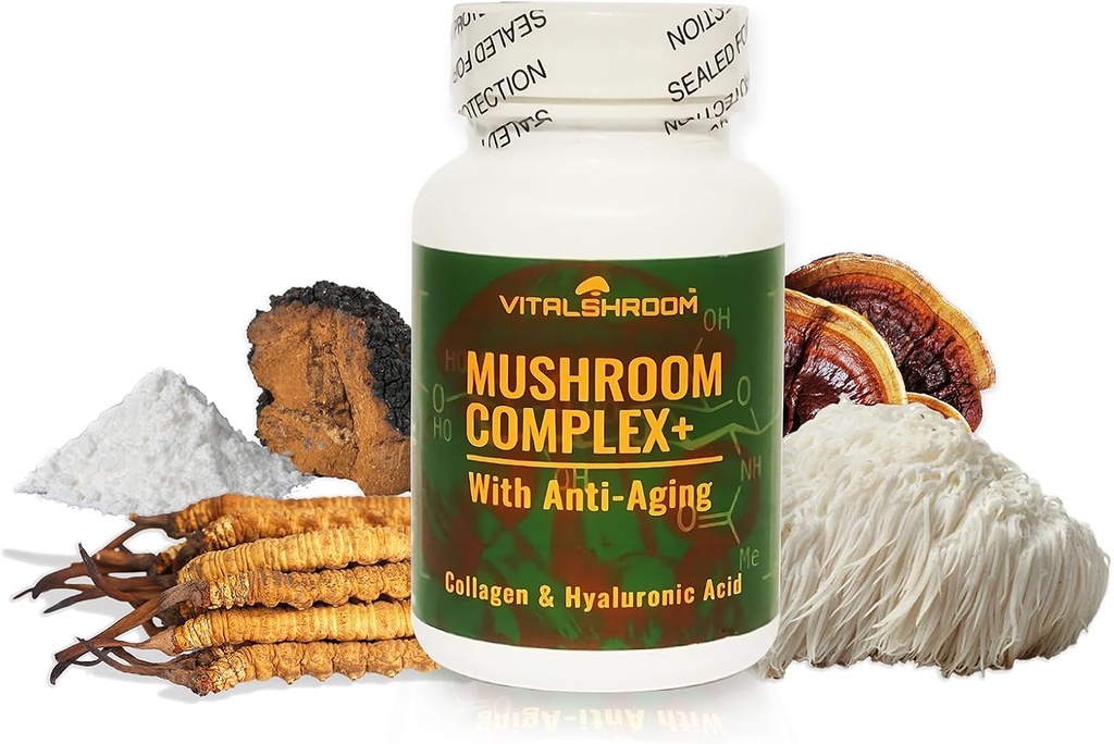 Sēņu komplekss ar anti-Aging. Dabīgie uz sēnēm balstītie anti-Aging papildinājumi ar Chaga, Lion’s Mane, Cordyceps, Reishi, Collagen, Hyaluronic Acid, Vitamīni B1, B2, B6, C, D.