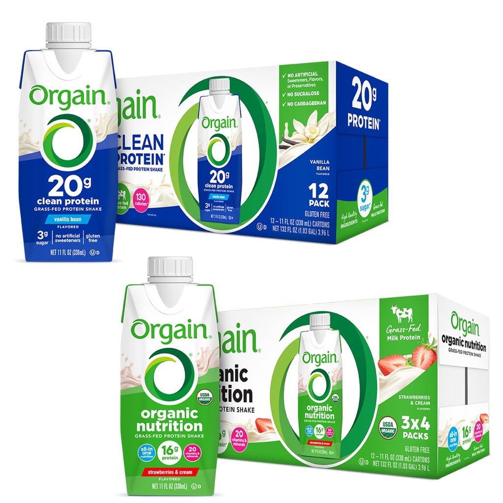 Orgain Clean Protein Shake, Zāles kausēts piens, Vanilla pupiņu (12. iepakojumā) un Orgain Organic Nutritional Protein Shake, Zemenes un krēms (12. iepakojumā)