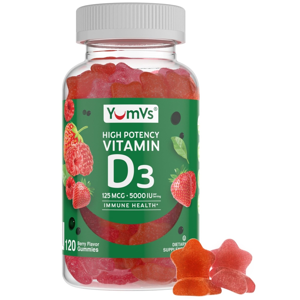 Vitamīns D3 Gumijas 5000 SV 125mcg D3 Gumijas - atbalsts Imūnsupports, spēcīga kaulu veselība - ne-GMO, bez lipekļa, bez piena, D vitamīna gumijas(120 grādos)